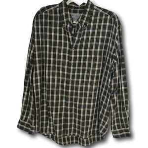 Eddie Bauer Plaid Khaki & White Button Down Shirt L